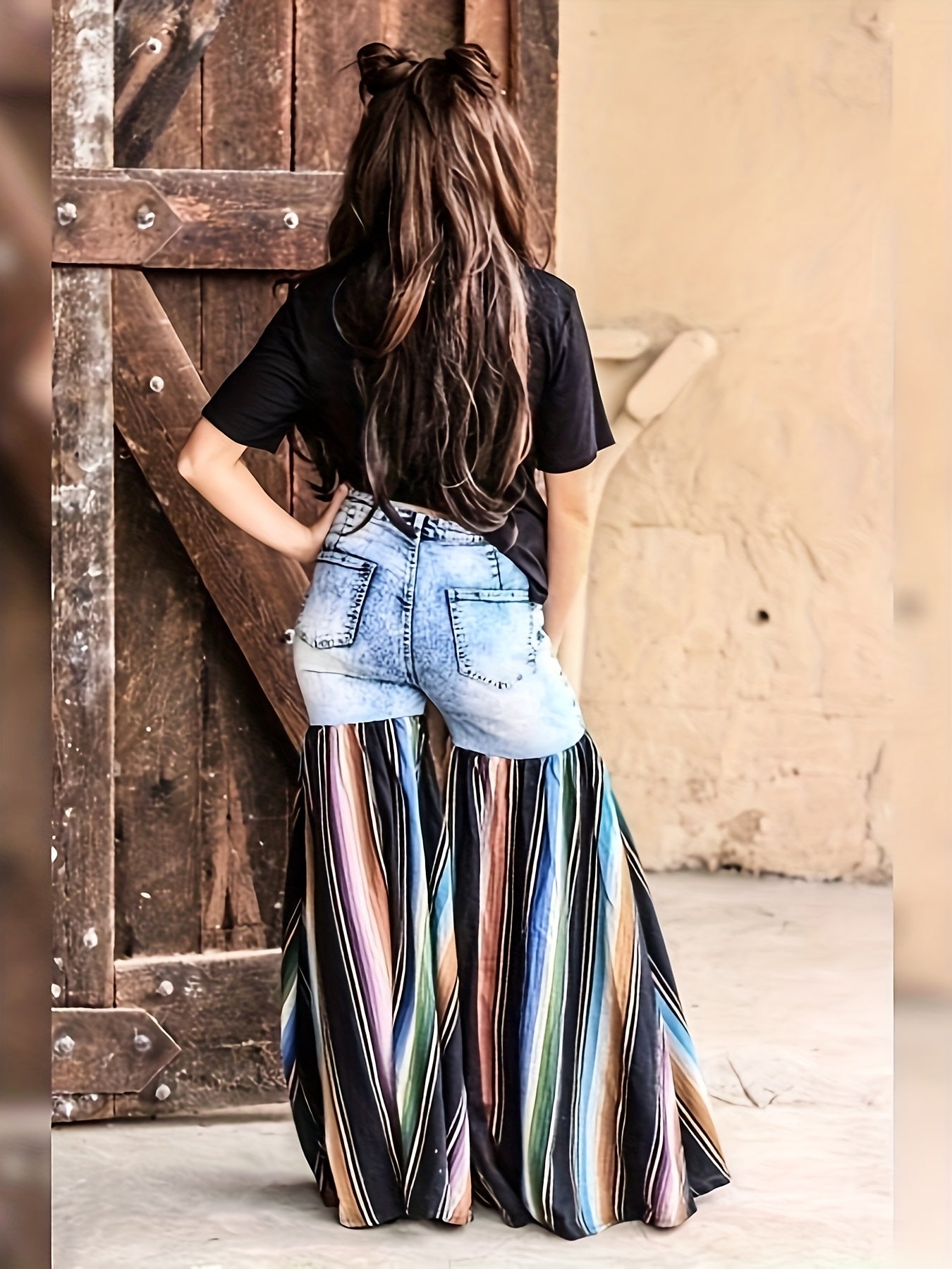 Women's Patchwork Jeans, Street Distressed Patchwork Flared Wide-leg Pants
