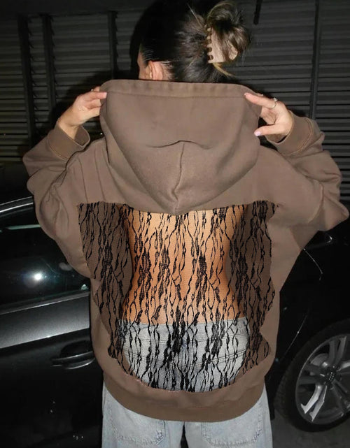 Load image into Gallery viewer, Women's Solid Color Open Back Mesh Hooded Sweatshirt - Long Fall Nightclub Sweater with, Semi-Sheer Elegant Sweaters for Parties &amp; Casual Wear, Dress Length (Hand Wash Care)
