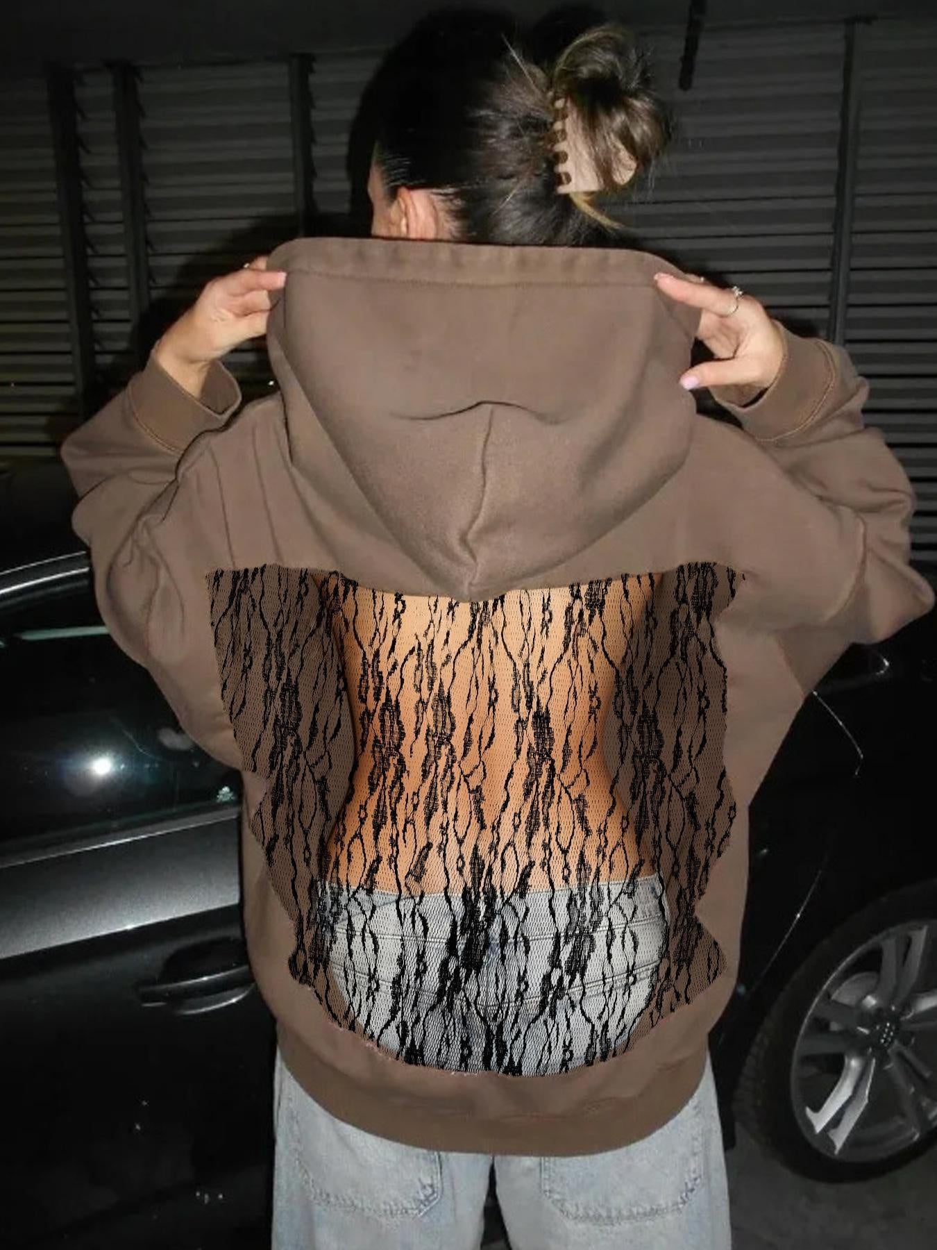 Women's Solid Color Open Back Mesh Hooded Sweatshirt - Long Fall Nightclub Sweater with, Semi-Sheer Elegant Sweaters for Parties & Casual Wear, Dress Length (Hand Wash Care)