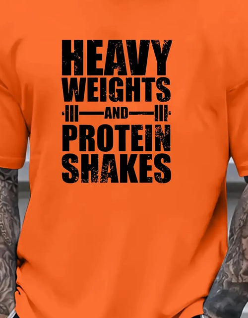 Load image into Gallery viewer, Men Heavy Weights &amp; Protein Shakes Gym T-Shirt  Retro Bodybuilding Tee, Machine Washable Workout Shirt for Weightlifting &amp; Casual Streetwear - Black with White Text Design, Fitness Apparel, Vintage Fitness Style, High quality
