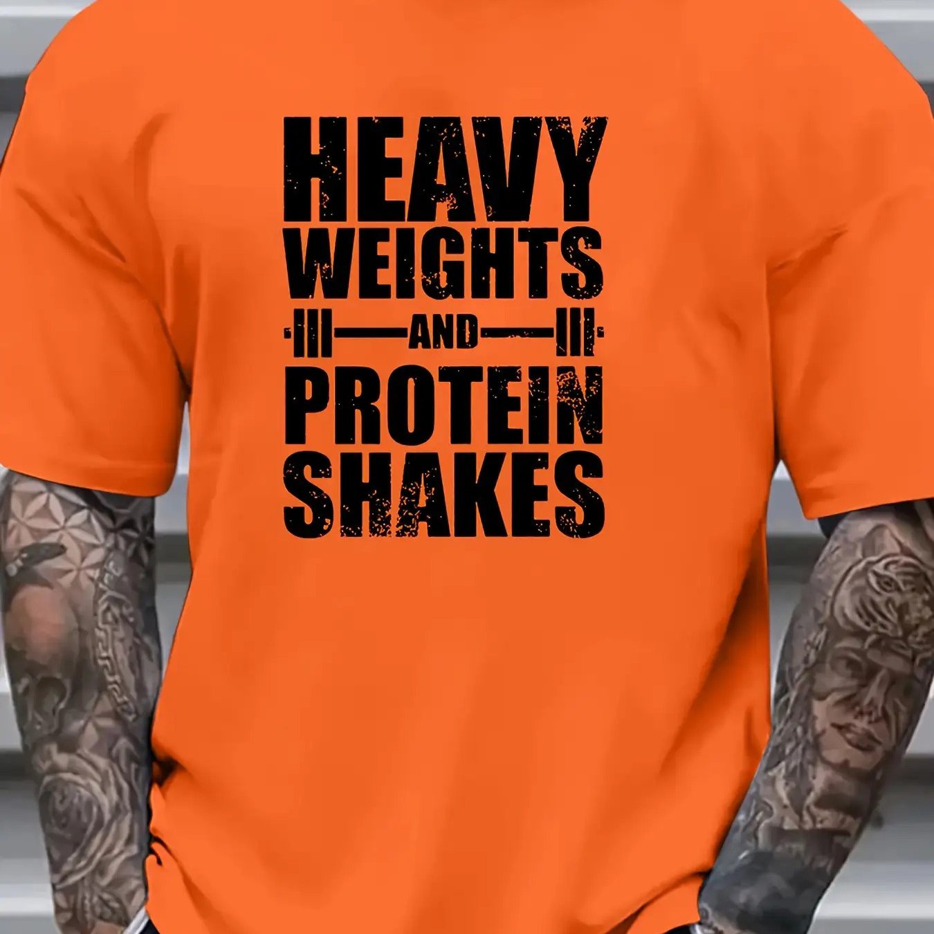 Men Heavy Weights & Protein Shakes Gym T-Shirt  Retro Bodybuilding Tee, Machine Washable Workout Shirt for Weightlifting & Casual Streetwear - Black with White Text Design, Fitness Apparel, Vintage Fitness Style, High quality