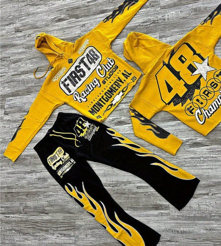 Urban Sweater Set Men's Hip Hop Drippy Loose Hooded Sweater & Flared Pants Set