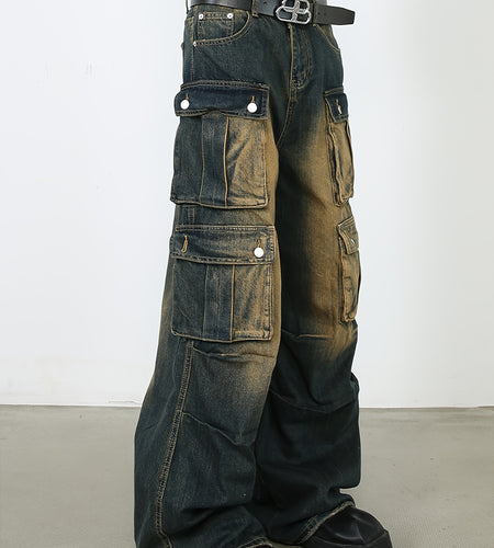 Men's Vintage Workwear Wide Leg Jeans - Multi-Pocket Cargo Pants with Belt Loops, Heavy-Duty Washed, Straight-Leg Loose Fit for Streetwear,  Machine Washable)