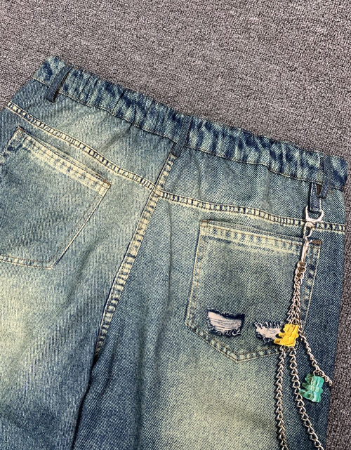 Load image into Gallery viewer, Men&#39;s Streetwear Wide-Leg Floor-Length Oversized Jeans - High-Waisted Elastic Waist Trousers with Letter Print (Stop/Go/Up//Yes/No) &amp; Pocket Design -
