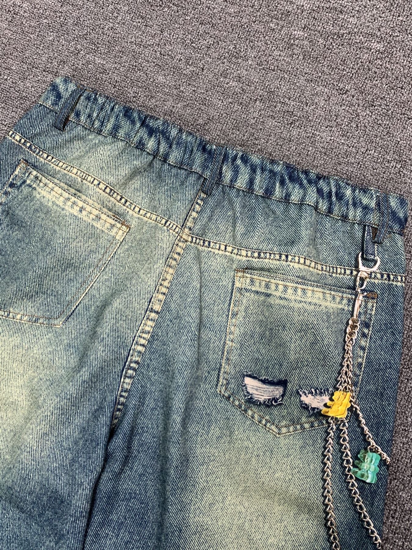 Men's Streetwear Wide-Leg Floor-Length Oversized Jeans - High-Waisted Elastic Waist Trousers with Letter Print (Stop/Go/Up//Yes/No) & Pocket Design -