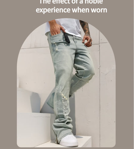 Men Slim-fit, Slightly Flared Jeans With Zippers At The Cuffs That Are Split, Made Of Elastic Denim With Cotton Fabric, And Featuring Heavy Washing With Holes. Classic, Stylish And Retro Blue Color, Fashionable And Versatile