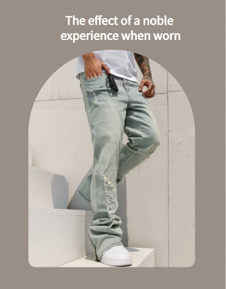 Men Slim-fit, Slightly Flared Jeans With Zippers At The Cuffs That Are Split, Made Of Elastic Denim With Cotton Fabric, And Featuring Heavy Washing With Holes. Classic, Stylish And Retro Blue Color, Fashionable And Versatile