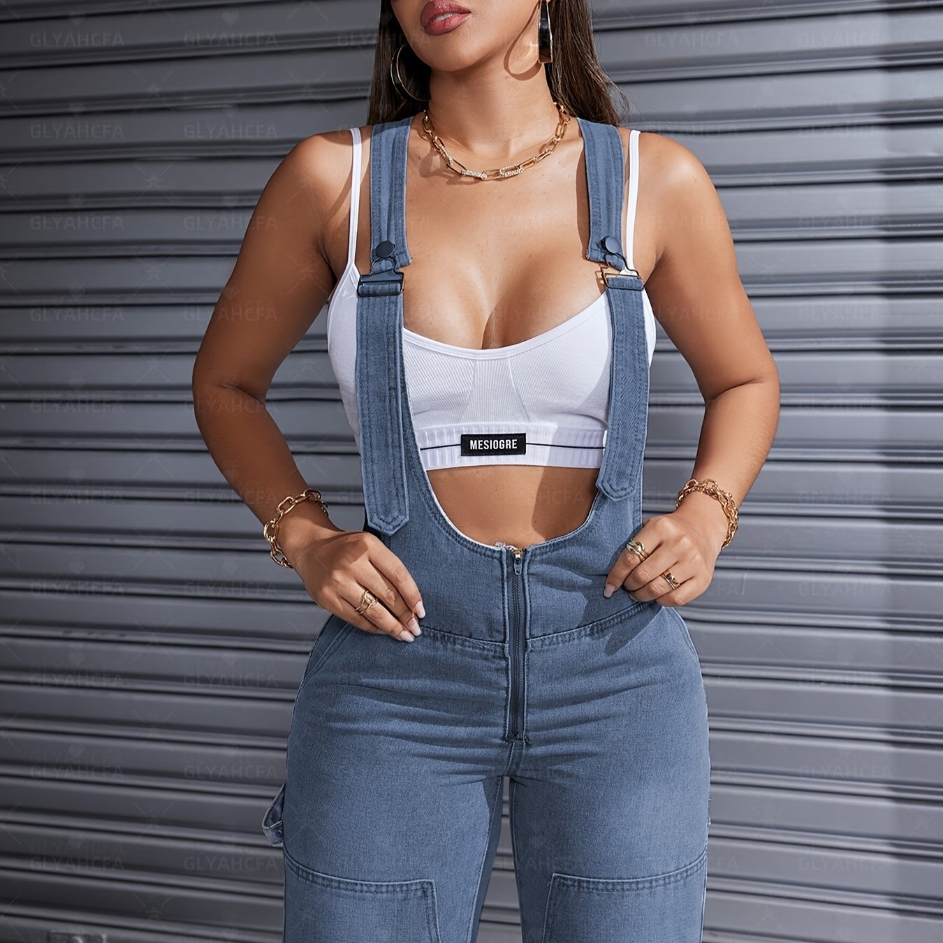 [High-Waisted] Women's Adjustable Lace-Up Denim Romper | High-Waisted Sleeveless Cargo Jeans | Double Button Closure | Sexy Casual Solid Color Design | Casual Attire | Sophisticated Texture