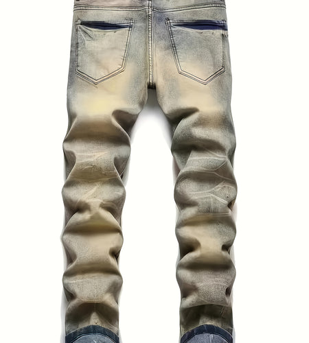 Men - Stretch Denim Pants with Elastic Waist, Slim Straight Leg Fit, All-Season Streetwear for Hip-Hop, Y2K Outfits, Concerts & Casual Attire - Machine Washable Urban Fashion Jeans, Graffiti Print, Comfortable Fit Jeans