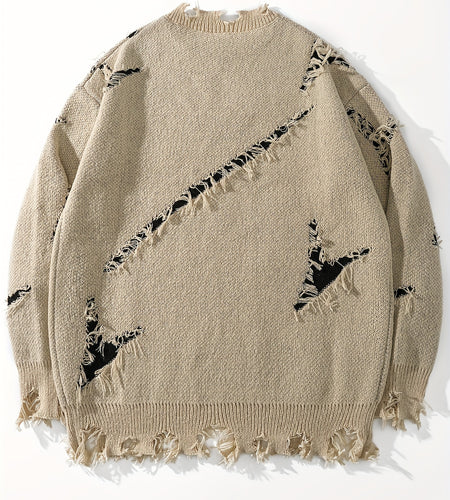 Men's  Long Sleeve Pullover Sweater - Relaxed Fit Drop Shoulder, Distressed Letter Embroidery & Ripped Details, Medium Elasticity Fabric