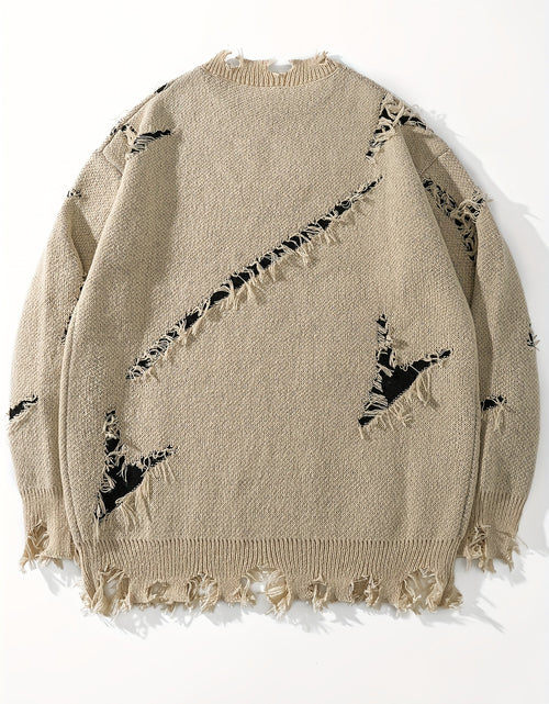 Load image into Gallery viewer, Men&#39;s  Long Sleeve Pullover Sweater - Relaxed Fit Drop Shoulder, Distressed Letter Embroidery &amp; Ripped Details, Medium Elasticity Fabric
