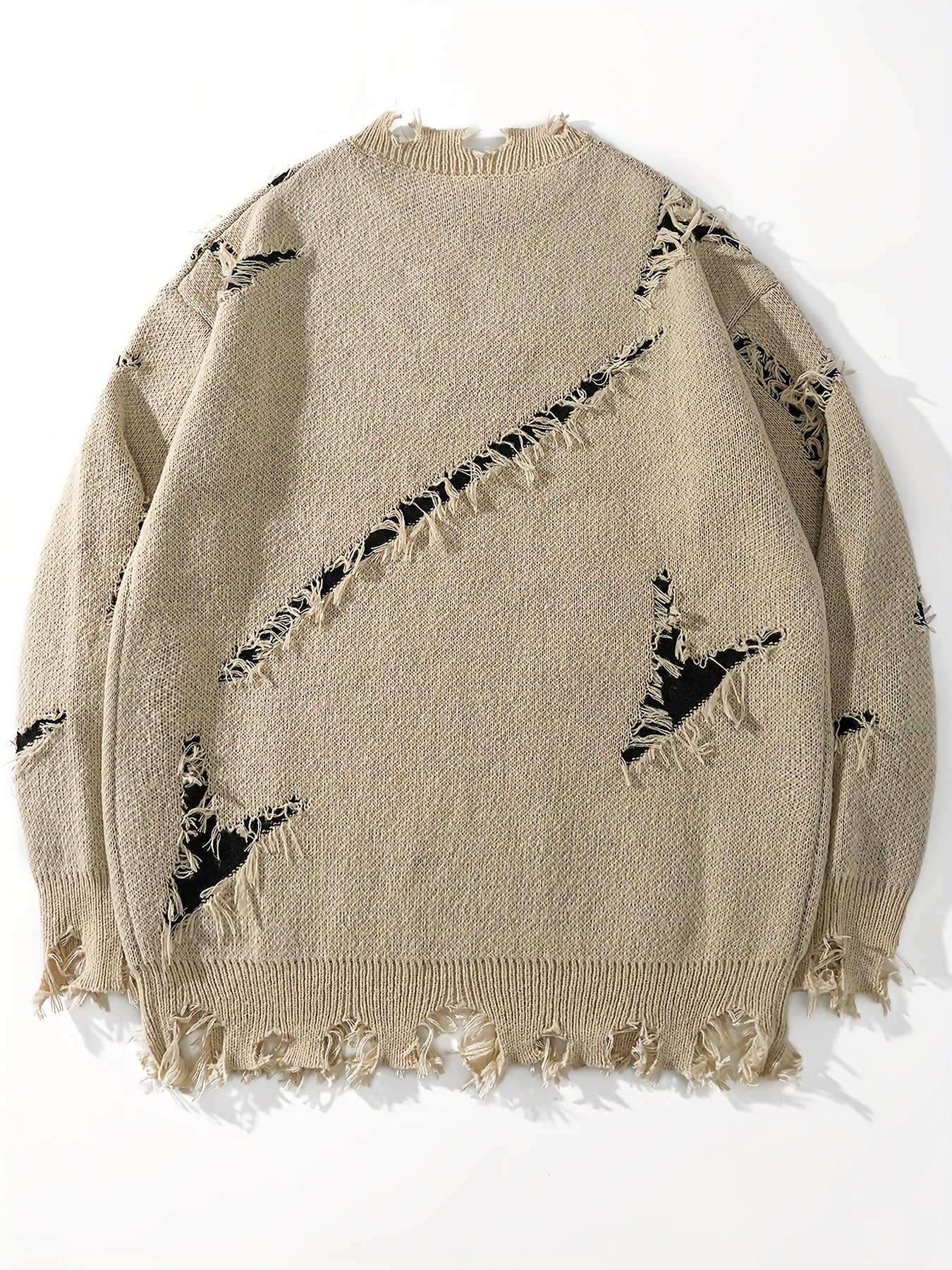 Men's  Long Sleeve Pullover Sweater - Relaxed Fit Drop Shoulder, Distressed Letter Embroidery & Ripped Details, Medium Elasticity Fabric