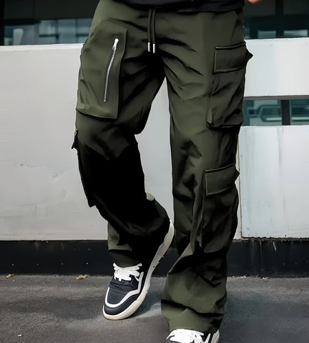 Men Casual Cargo Pants -  Multi-Pocket, Drawstring Waist, Loose Fit, Non-Stretch Polyester