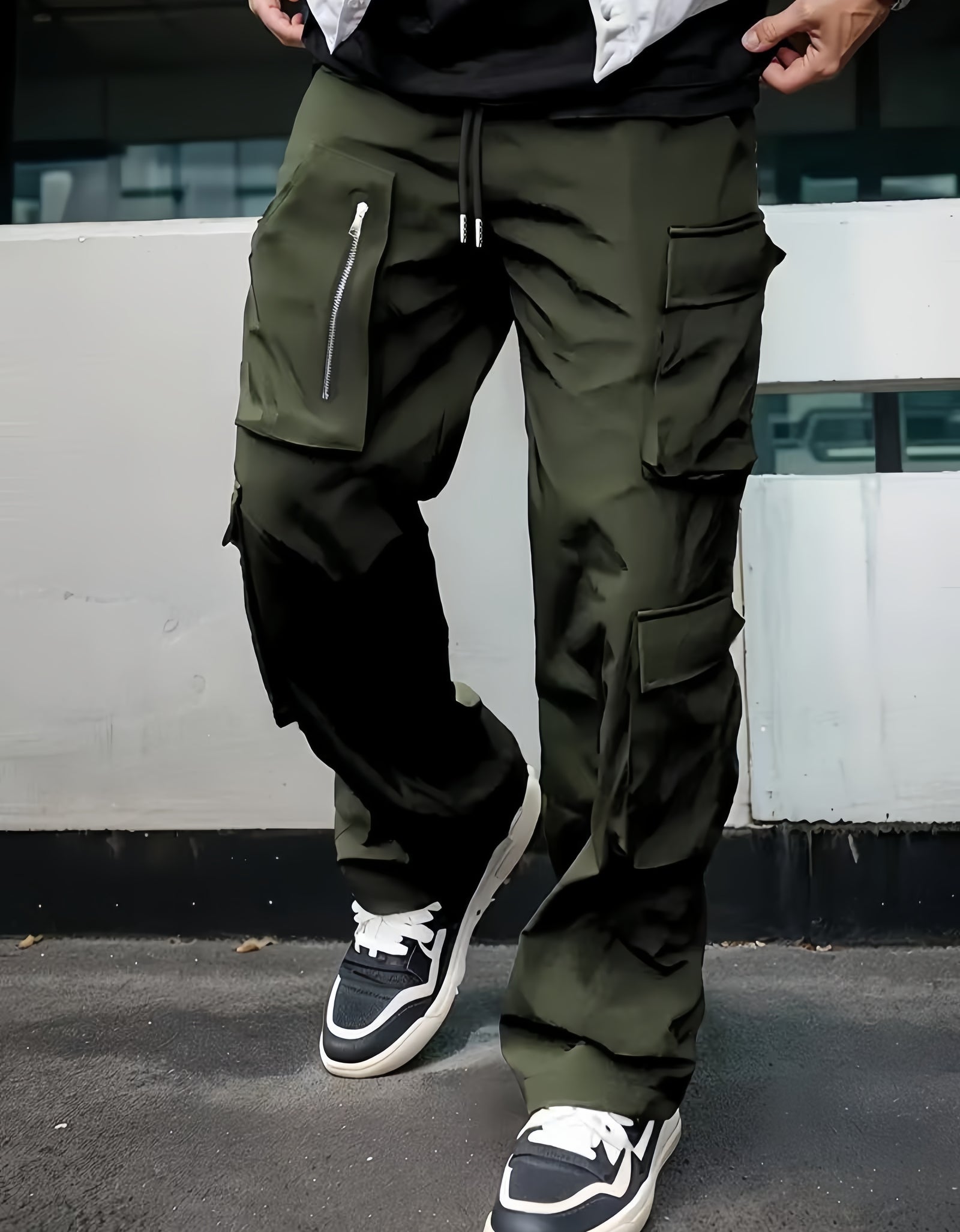 Men Casual Cargo Pants -  Multi-Pocket, Drawstring Waist, Loose Fit, Non-Stretch Polyester
