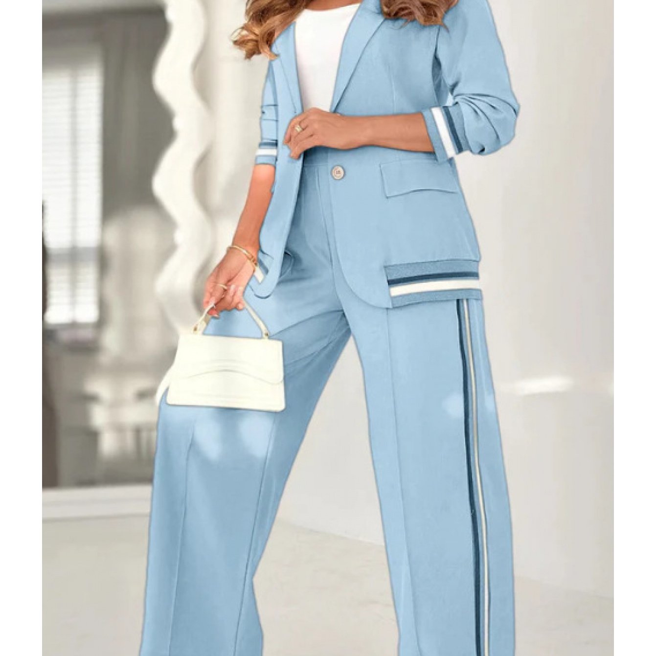 Women 2pcs Set Solid Color Ribbed Fashion Commuter Wear 100% Polyester Micro Elastic Chic Adult Clothing Eye Catching Patchwork