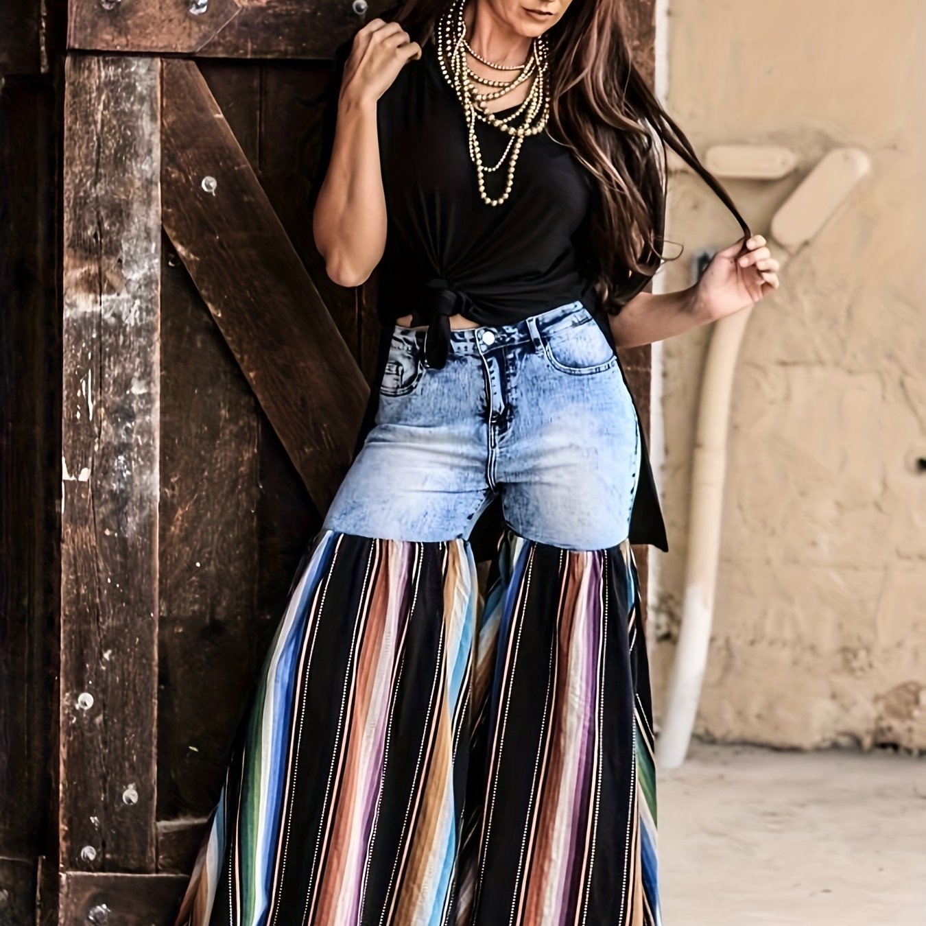 Women's Patchwork Jeans, Street Distressed Patchwork Flared Wide-leg Pants
