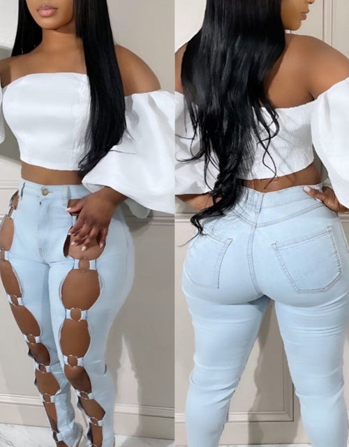 Load image into Gallery viewer, Women&#39;s Jeans - 2025 New Slim Sexy Light Blue Washed Steel Ring Lace-up Tight Ankle Jeans

