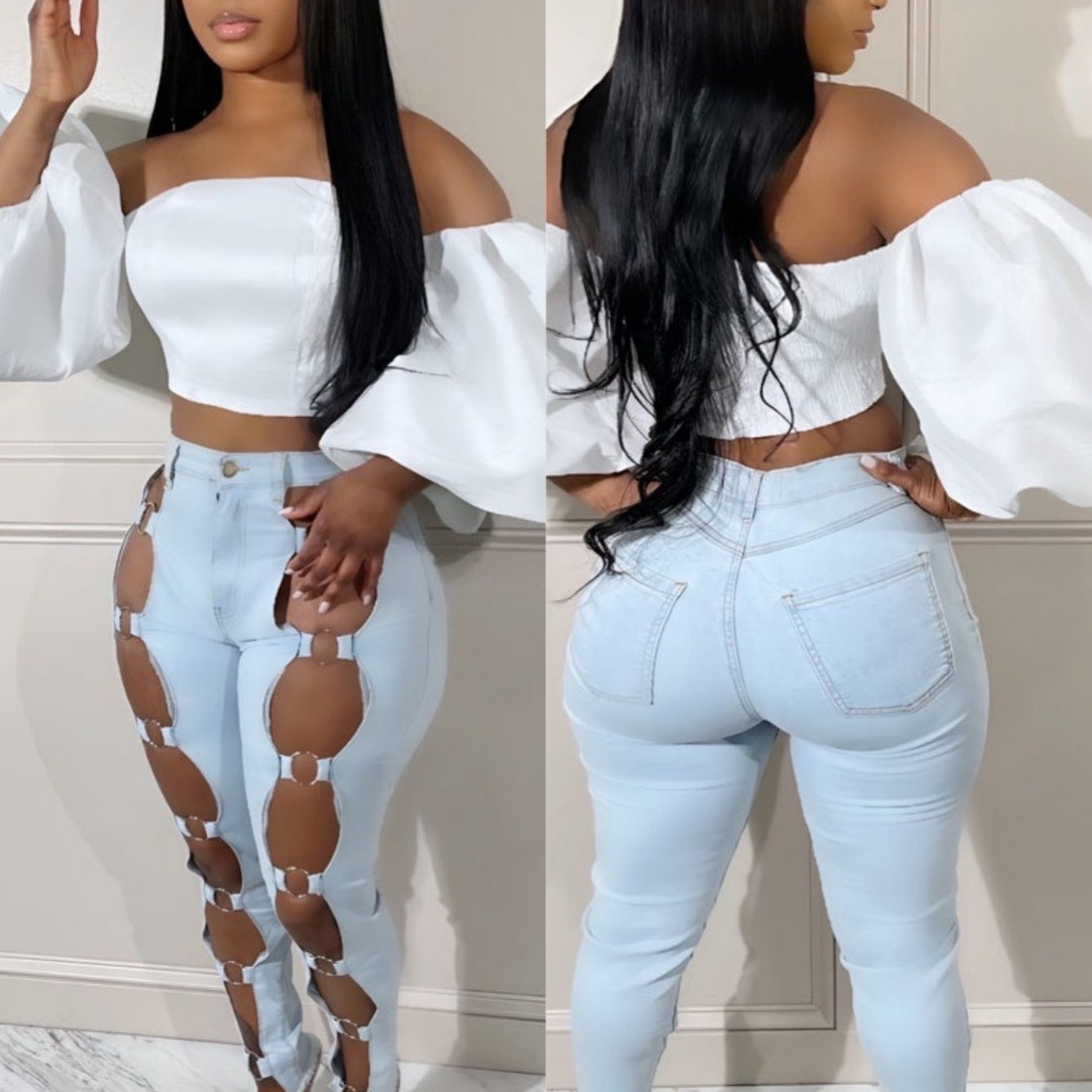 Women's Jeans - 2025 New Slim Sexy Light Blue Washed Steel Ring Lace-up Tight Ankle Jeans