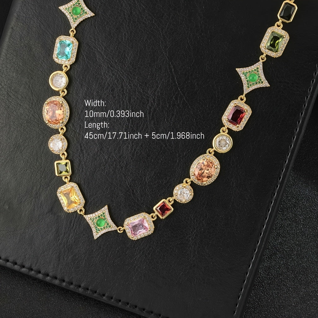 [18K Golden Chain Necklace]  18K Golden Plated Copper Chain Necklace | Glamorous, Hip Hop Style, 45cm + 5cm Extendable | Synthetic Colorful Faux Gemstones, 4-Prong Setting, with Synthetic Zirconia