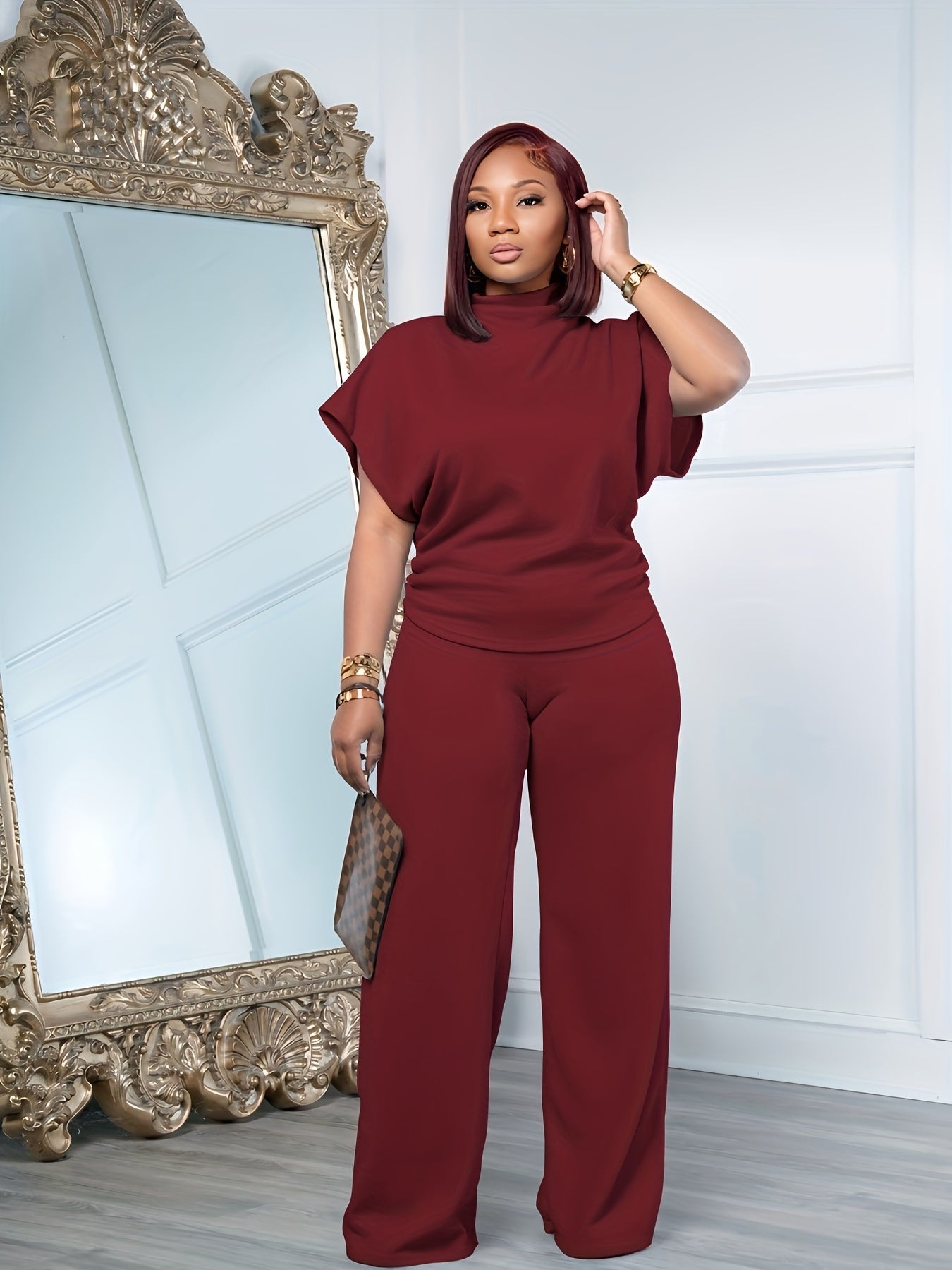 [Spring Casual Set] Two-piece Spring And Summer Casual Set | Women's Short Sleeved Semi High Neck Loose Top Wide Leg Pants Set, Casual Sports Set