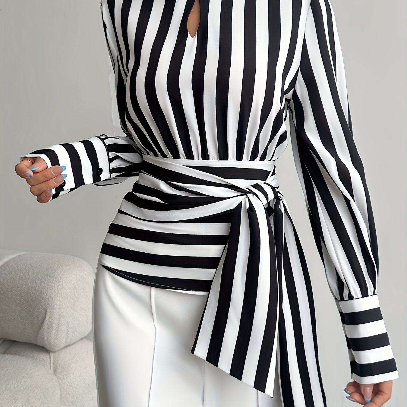 Women Elegant Striped High Neck Lace-Up Blouse with Back Zipper & Adjustable Waist Tie - Black/White/Gray Horizontal Stripes Shirt Jacket-like Top  (Machine Washable)