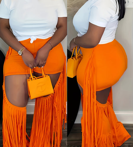 Chic High-Waist Tassel Trim Cutout Skinny Pants for Women - Stretchy, Machine Washable, Solid Color, Casual, Hollow Out