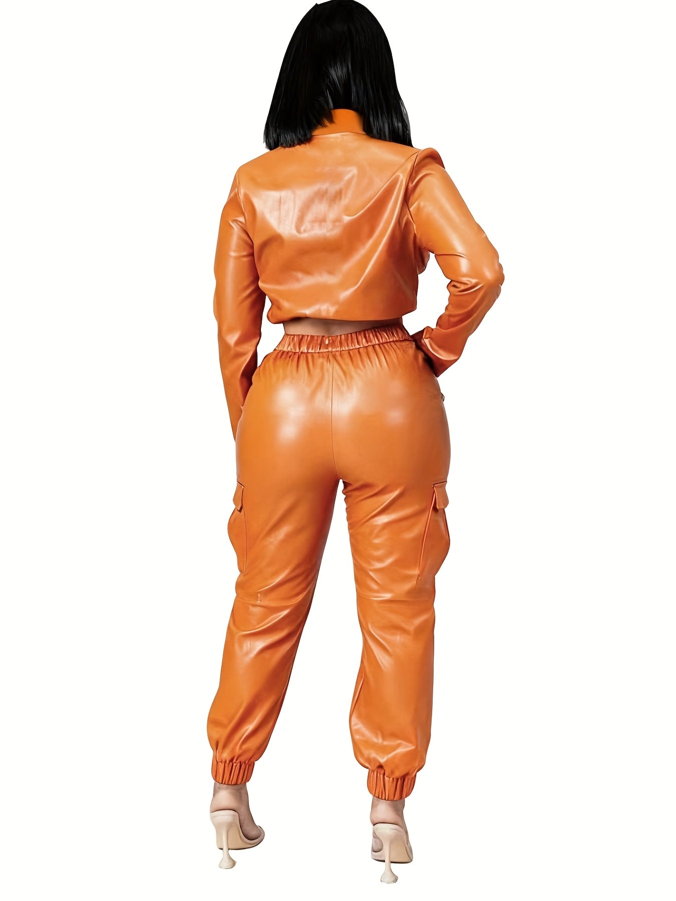 Fashionable Orange Retro Sexy High-end Slim-fit Stylish Top And Long Pants with Pockets