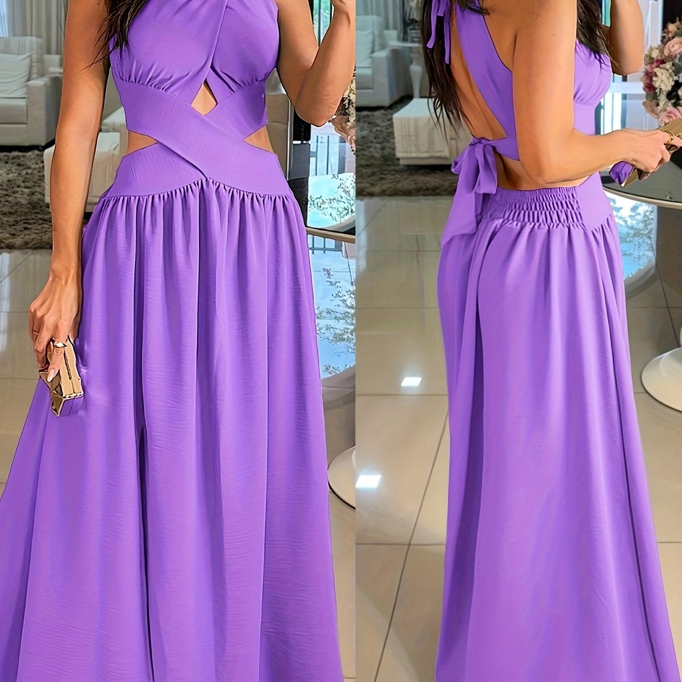 Sexy Backless Women's Evening Gown | Long Flared Skirt Formal Party Dress with Waist Cross Straps & Open Back, Round Neck Spring Summer Casual to Formal Attire