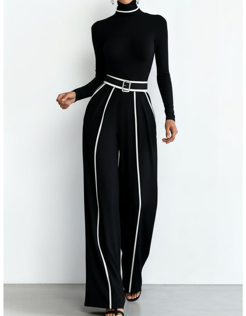 Load image into Gallery viewer, Black Mock Neck Top + Black White Striped Wide-Leg Pants Set for Women | Capable Fashion Style
