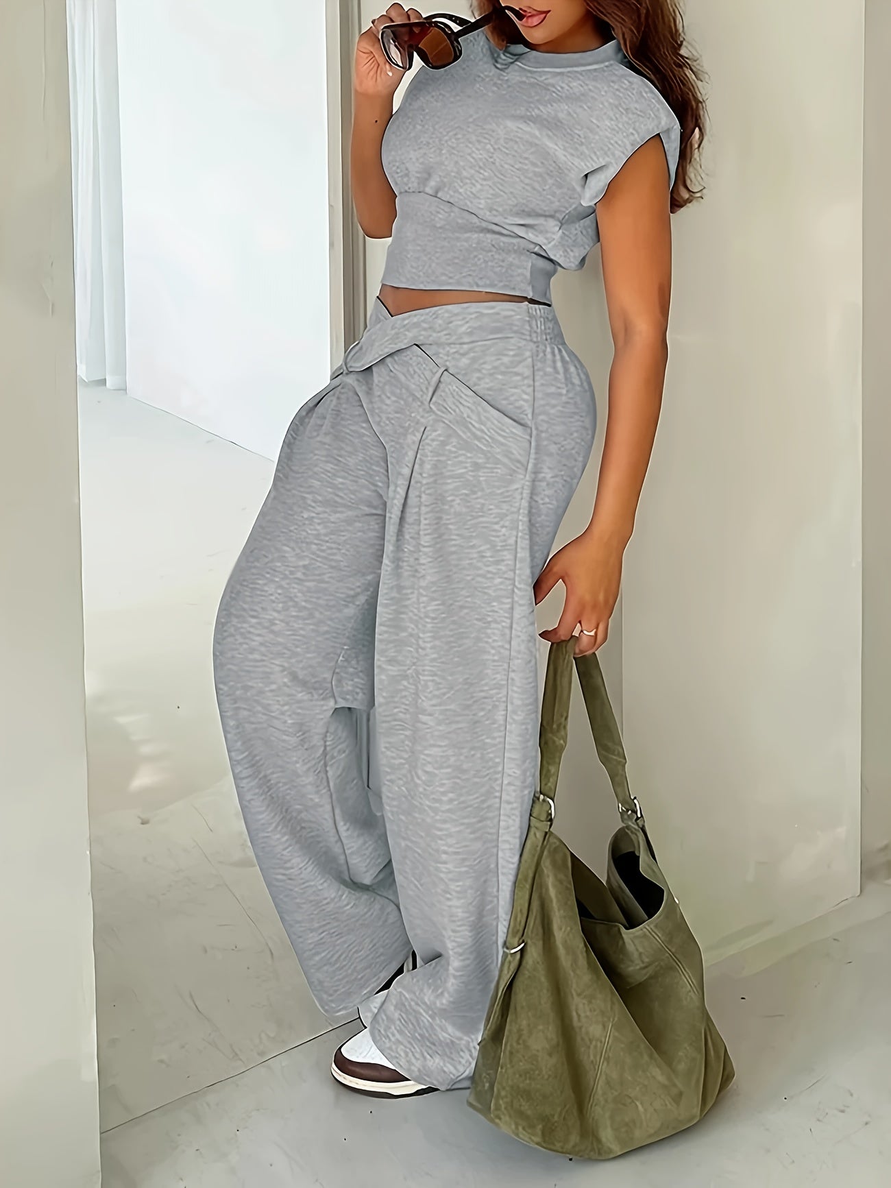 Long Sleeve Loose Top Polyester Blend Women Casual Solid Color Ribbed Pantsuit Set