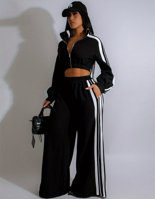 Load image into Gallery viewer, Autumn Striped Long-Sleeved Two-Piece Set - Contrasting Color Zipper Thickened Sweatshirt Casual Commuting Set, Solid Color Striped Side Trim, Elastic Short Top, Comfortable Straight-Leg Pants
