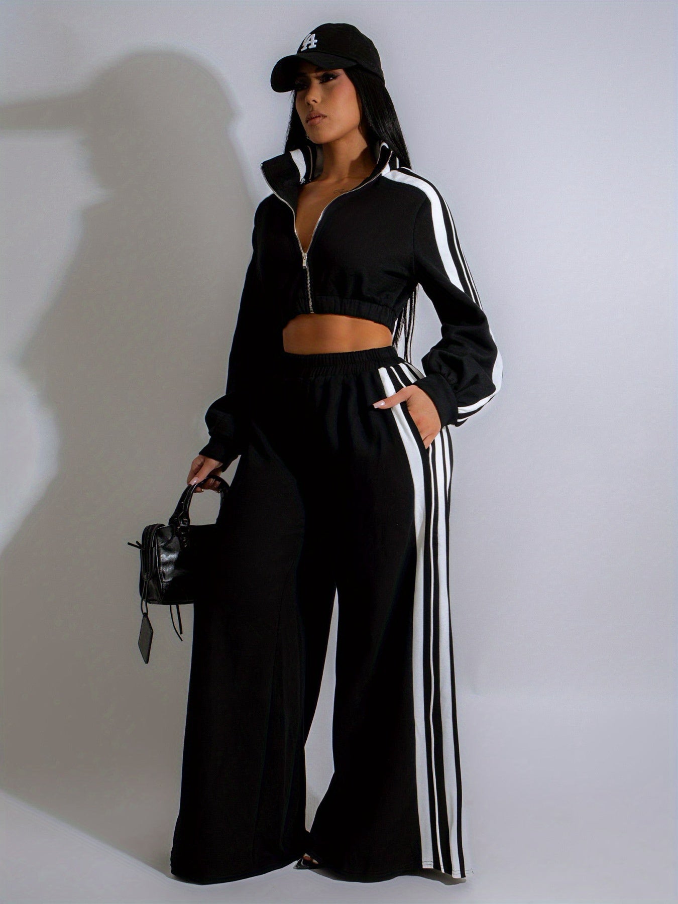 Autumn Striped Long-Sleeved Two-Piece Set - Contrasting Color Zipper Thickened Sweatshirt Casual Commuting Set, Solid Color Striped Side Trim, Elastic Short Top, Comfortable Straight-Leg Pants