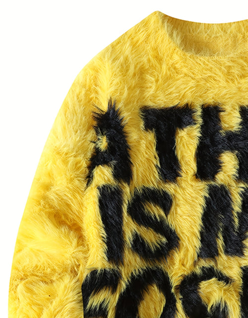 Load image into Gallery viewer, Men&#39;s Thick Fuzzy Sweater with Fleece &amp; &quot;THIS IS MY FOCUS&quot; Letter Print - White/Black Winter Warm Coat Jacket-like Collar, Loose Fit Round Neck Pullover for Casual &amp; Wear (No-Sew Design)
