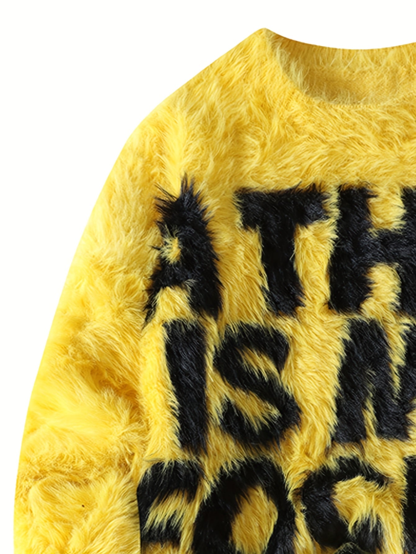 Men's Thick Fuzzy Sweater with Fleece & "THIS IS MY FOCUS" Letter Print - White/Black Winter Warm Coat Jacket-like Collar, Loose Fit Round Neck Pullover for Casual & Wear (No-Sew Design)