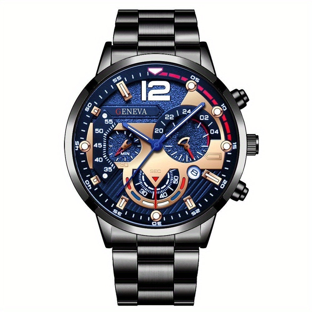 4pcs Men Stainless Steel Watch & Jewelry Set - Quartz Watch, Bracelet, Necklace, Ring With Gift Box - Versatile For Casual & Formal Occasions -