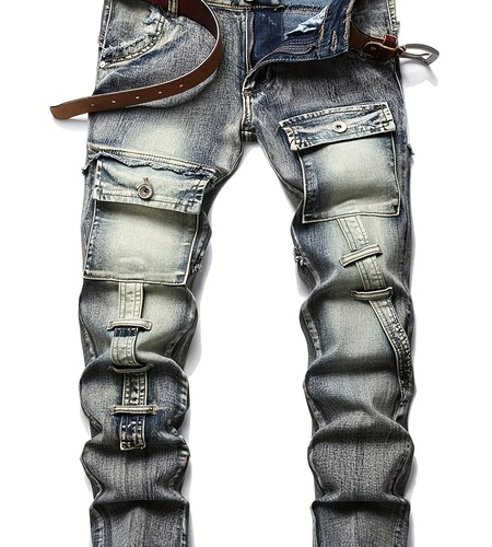 Men  Biker Moto Washed Distressed Slim Fit Straight Jeans Denim