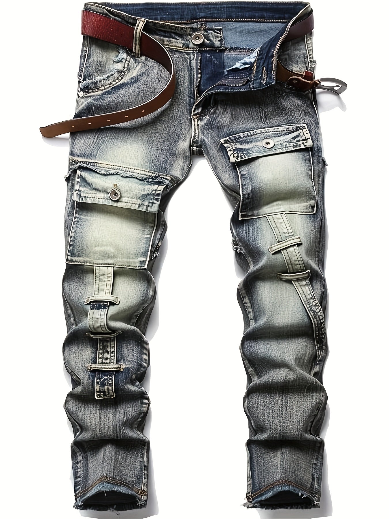 Men  Biker Moto Washed Distressed Slim Fit Straight Jeans Denim