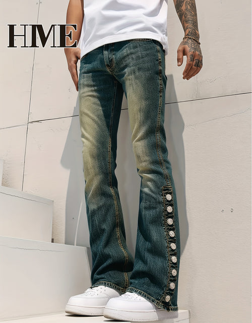 Load image into Gallery viewer, Men Light-Washed Distressed Denim Jeans - Mid-Stretch Slim-Fit Flared Bell-Bottom Trousers with Fringed Hem &amp; Ripped Details, Mid-Rise Built-In Zipper Closure
