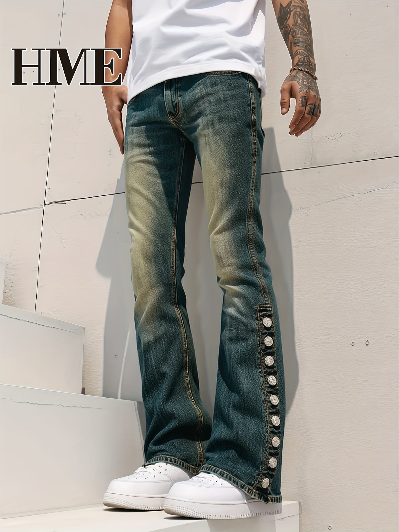 Men Light-Washed Distressed Denim Jeans - Mid-Stretch Slim-Fit Flared Bell-Bottom Trousers with Fringed Hem & Ripped Details, Mid-Rise Built-In Zipper Closure