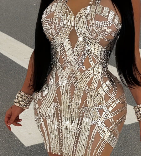 Rhinestone Contrast Lace Crew Neck Dress, Casual Long Sleeve Bodycon Dress, Women's Clothing