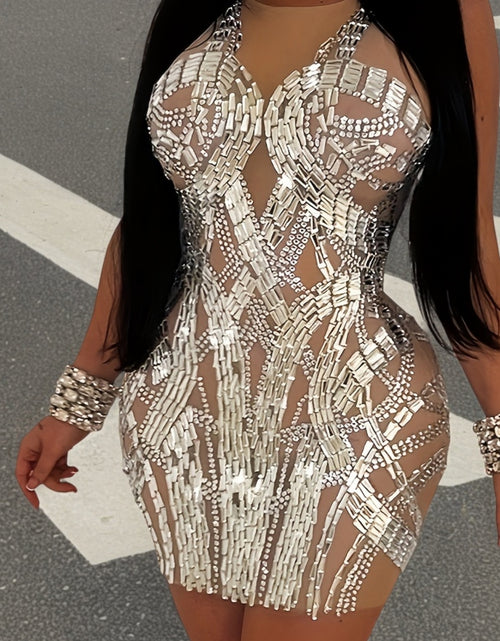 Load image into Gallery viewer, Rhinestone Contrast Lace Crew Neck Dress, Casual Long Sleeve Bodycon Dress, Women&#39;s Clothing
