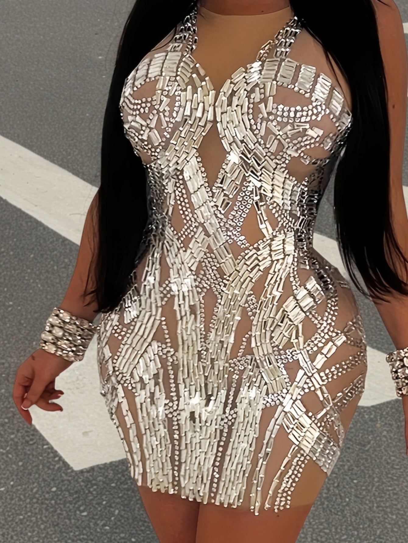 Rhinestone Contrast Lace Crew Neck Dress, Casual Long Sleeve Bodycon Dress, Women's Clothing