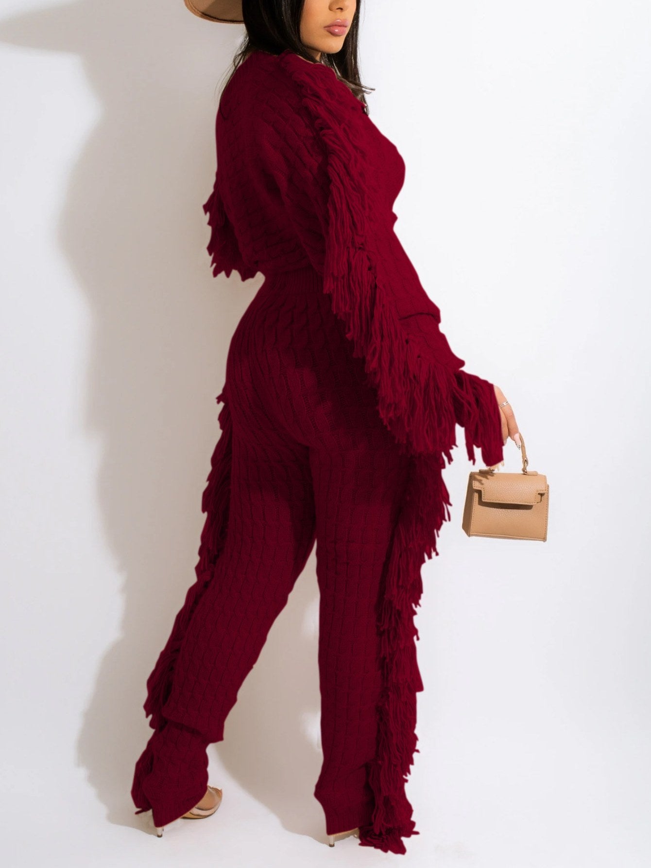 Women Stylish Wine Red Fringe Detail Two - Piece Set  - Stylish Party & Casual Outfit