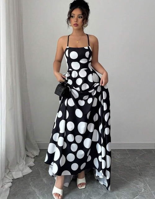 Load image into Gallery viewer, Women Sleeveless Black and White Polka Dot Maxi Dress with Tie Back Detail - Perfect for Spring/Summer/Fall, Vacation Style, Regular Fit, ,Flared Hem, Adult Size, Vacation Attire |Flared Hemline |Backless Dress
