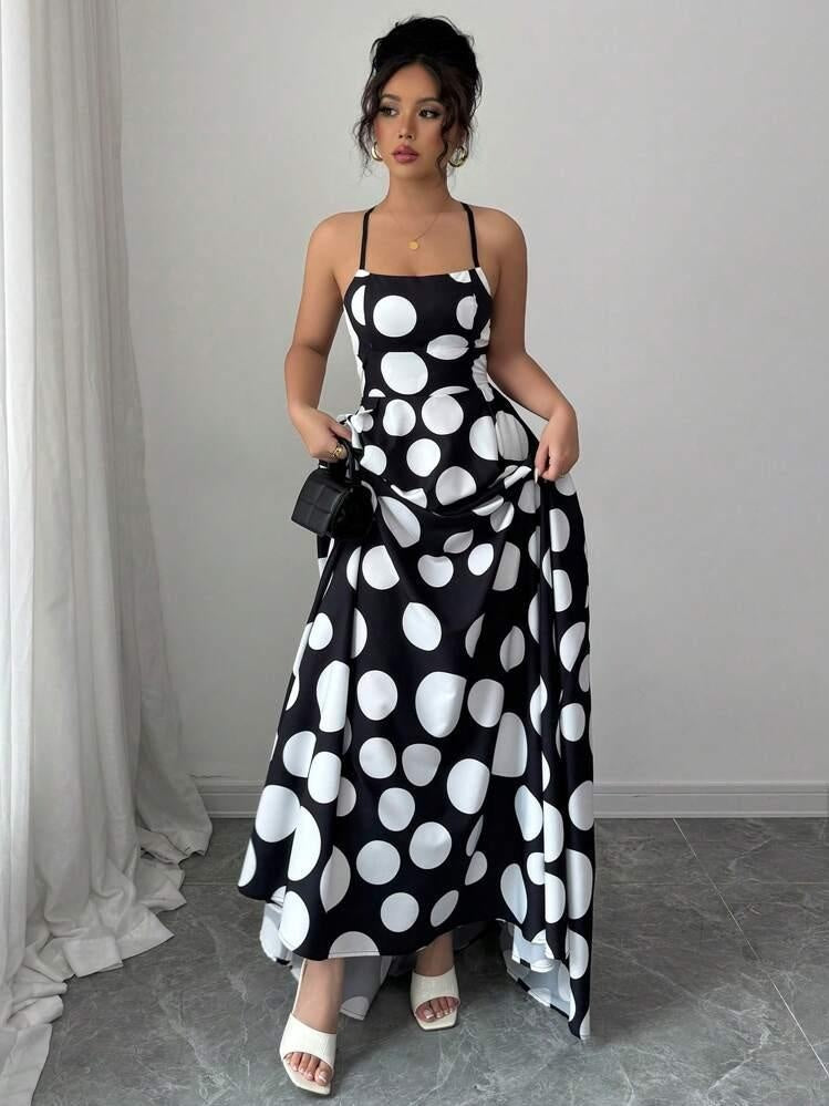Women Sleeveless Black and White Polka Dot Maxi Dress with Tie Back Detail - Perfect for Spring/Summer/Fall, Vacation Style, Regular Fit, ,Flared Hem, Adult Size, Vacation Attire |Flared Hemline |Backless Dress