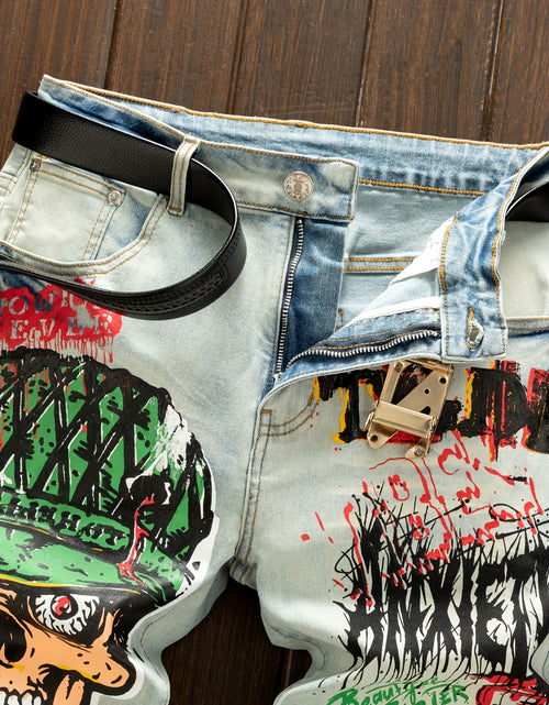 Load image into Gallery viewer, Retro Men&#39;s Graffiti Printed Jeans Street Fashion Trend Zip Fly Regular Fit Slight Stretch Denim
