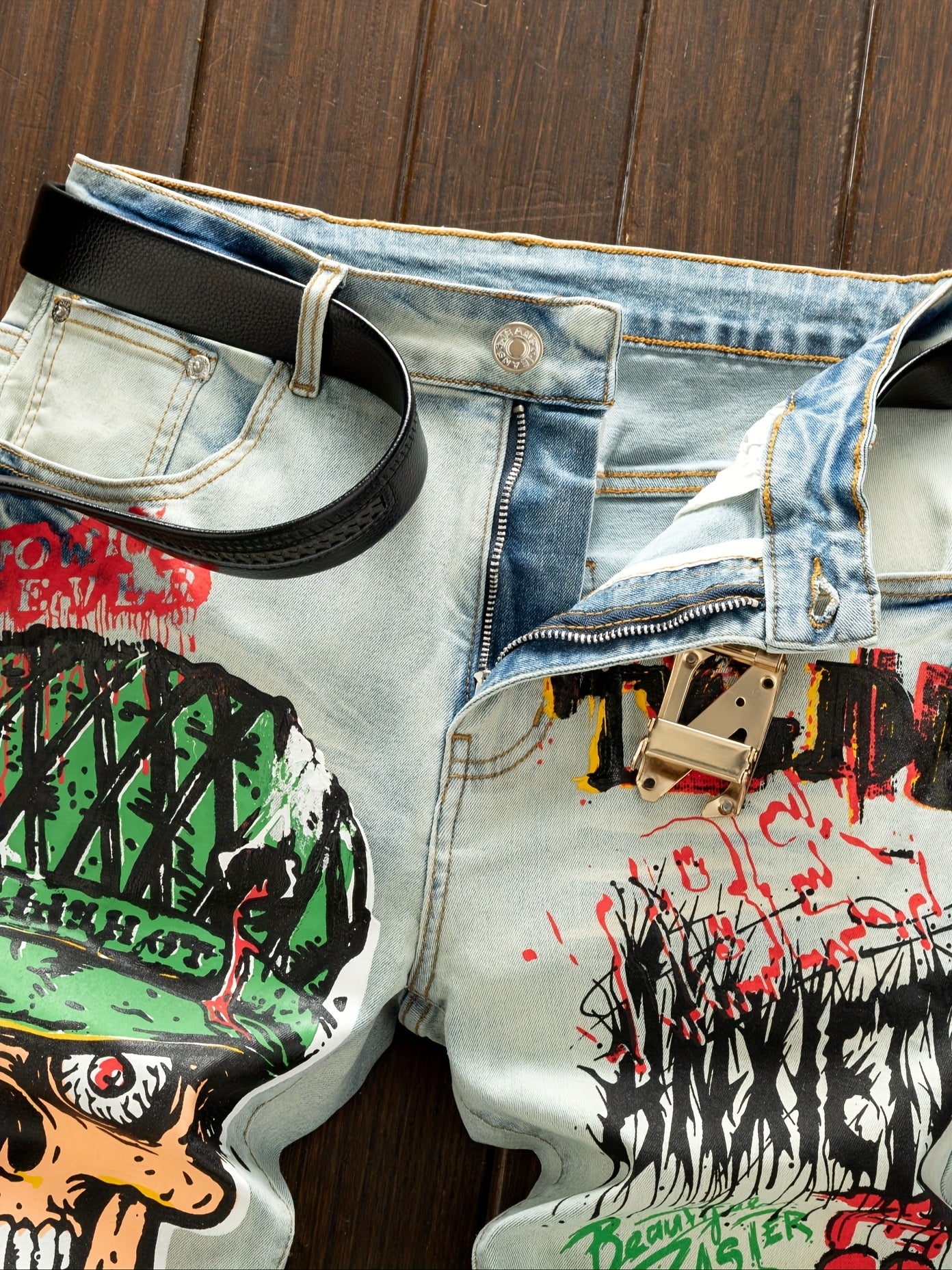 Retro Men's Graffiti Printed Jeans Street Fashion Trend Zip Fly Regular Fit Slight Stretch Denim